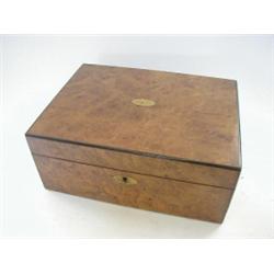 A BURR WALNUT WRITING SLOPE, Victorian, brass escutcheon, fitted interior, width 30cm  £30-40...