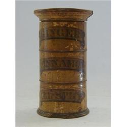 A CYLINDRICAL TREEN SPICE STORAGE CONTAINER, 19th century, three screw-off sections for 'Ginger',...