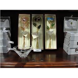 Shelf of new Waterford crystal & gold/enamel dipped roses