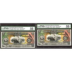 Banco de Occidente en Quezaltenango, 1916 Sequential  Banknote Pair.