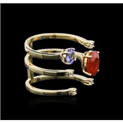 14KT Yellow Gold 1.76ct Orange Sapphire, Tanzanite and Diamond Ring