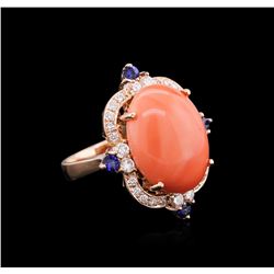 10.71ct Pink Coral, Blue Sapphire, and Diamond Ring - 14KT Rose Gold