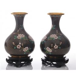 Two(2) vintage black cloisonne vases with flowers.  SIZ