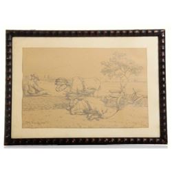 Original pencil drawing of  a resting man next to oxen,