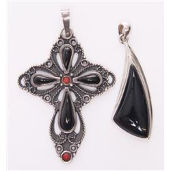 Two(2), vintage sterling silver pendants with black ony