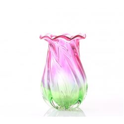 Murano blown glass flower vase of pink and green colors