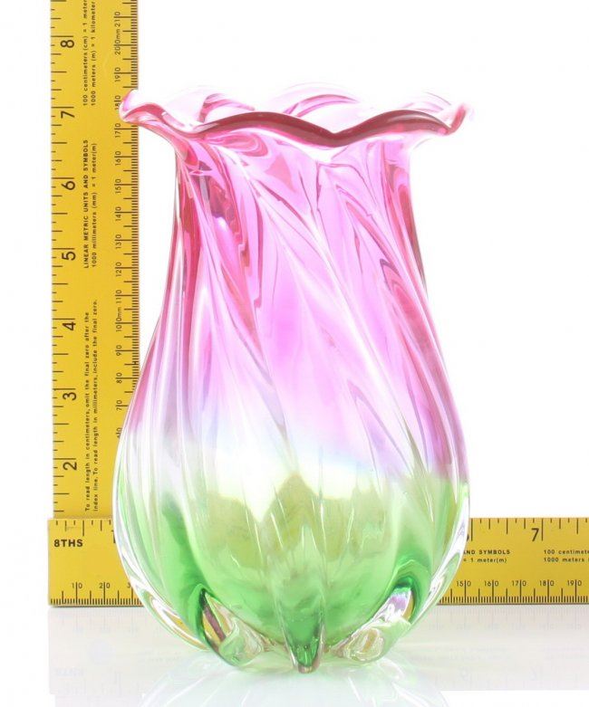 Murano blown glass flower vase of pink and green colors