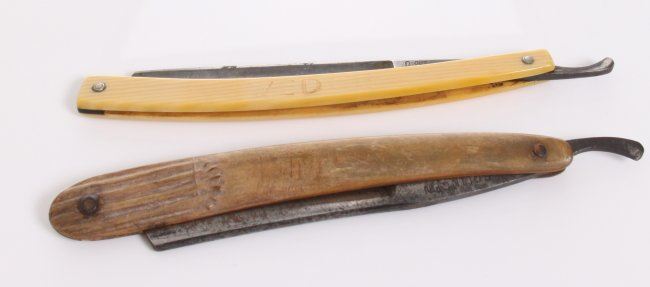 Two(2) antique folding straight razor blades. Markings