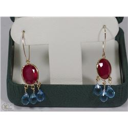 10K GOLD RUBY(10.20CT) & BLUE TOPAZ EARRINGS