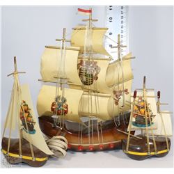 FLAT WITH 3 WOODEN SHOE STYLE SHIPS, LARGE SHIP