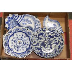 FLAT OF BLUE & WHITE CAKE PLATES AND OTHER DISHES