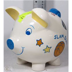 BIG PORCELAIN SPORTS PIG MONEY BANK 7"X8" TALL