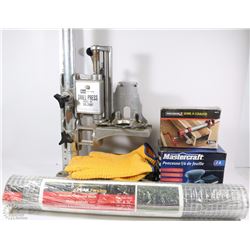 BOX OF ASSORTED TOOLS & DRILL PRESS