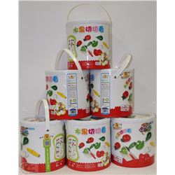 LOT OF 6 WOODEN VEGETABLE BUCKETS -TEACHES KIDS
