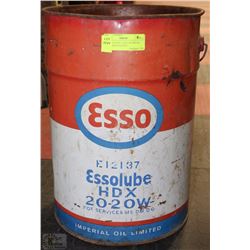 VINTAGE ESSO 5 GALLON METAL DRUM WITH HANDLE