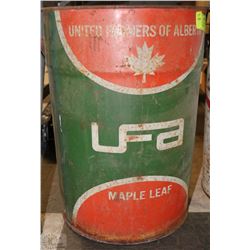 VINTAGE UFA 5 GALLON METAL DRUM WITH HANDLE
