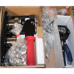 BOX W/HAND PIN-ON BUTTON PRESS & SUPPLIES