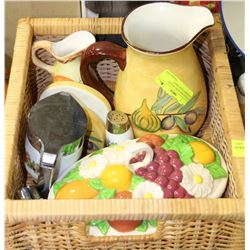 WICKER BOX WITH VINTAGE KITCHEN COLLECTIBLES