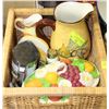 Image 1 : WICKER BOX WITH VINTAGE KITCHEN COLLECTIBLES