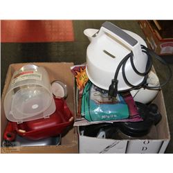 TWO BOXES WITH CAPPUCCINO COFFEE, CUPS, KETTLE,