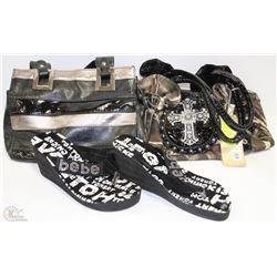 BOX WITH BRAND NEW BEBE SANDALS SIZE 6, CAMO AND