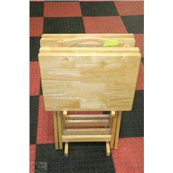 4 OAK TV TRAY SET WITH STAND
