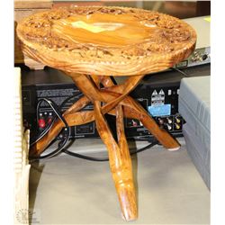 ASIAN HAND CARVED WOOD 3 FOOTED STOOL 11"H X 12"D