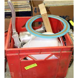 CRATE WITH MEAT GRINDER ETC.