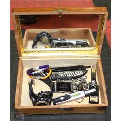 WOODEN BOX W/MEN'S WATCHES, KNIFE,