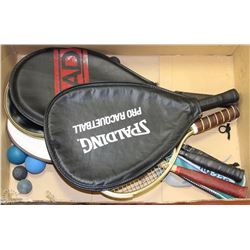 BOX OF SPORT RACQUETS AND BALLS
