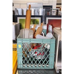 GREEN CRATE & CONTENTS INCLUDING ROLLING PINS,