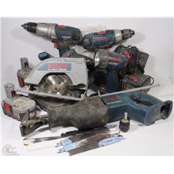 LOT OF BOSCH 18V AND 24V POWER TOOLS W/BATTERIES