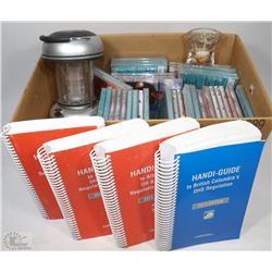 BOX WITH NEW CD'S.CAMPLIGHT,CANDLES BOX AND MORE