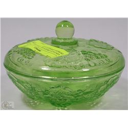 VINTAGE GREEN GLASS GRAPE DESIGN LIDDED DISH
