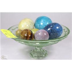 FOOTED GREEN DISH WITH STONE EGGS FROM ITALY &