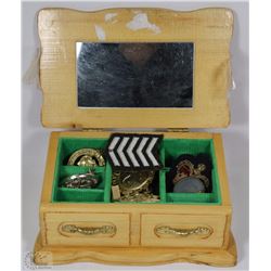 WOODEN JEWELLERY BOX WITH BADGES,BUTTONS, PINS