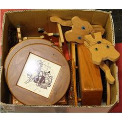 BOX OF WOODEN COLLECTIBLES & PLANT STANDS