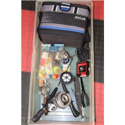 BIN W/FISHING RODS, LURES, KNIFE, ETC.