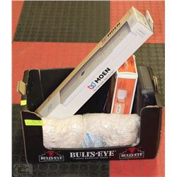 BOX WITH NEW MOEN TOWEL BAR, SUNBEAM HEATING PAD,