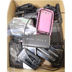 BOX FULL OF CELL PHONES, BATTERIES, CORDS