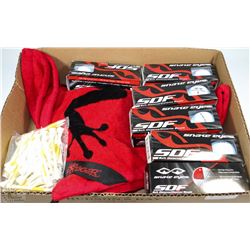 BOX W/6 NEW SLEEVES OF GOLF BALLS, TOWEL