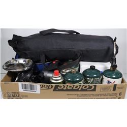 BOX OF CAMPING SUPPLIES,PROPANE STOVE,