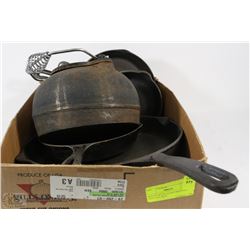 BOX OF SET OF 4 CAST IRON PANS AND CAST IRON