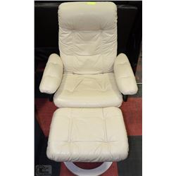 WHITE LEATHERETTE LOUNGE CHAIR WITH OTTOMAN