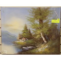 OIL PAINTING OF "CABIN BESIDE THE LAKE"