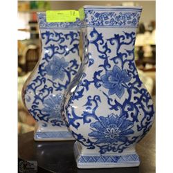 NEW PAIR OF BLUE AND WHITE ANTIQUE FINISH VASES