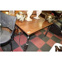 LONG TABLE ORNATE METAL LEGS WITH NATURAL OAK TOP