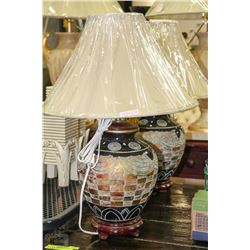 PAIR OF CERAMIC LAMPS WITH SHADES AND WOODEN