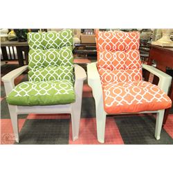 PAIR OF PLASTIC LAWN CHAIRS WITH CUSHIONS