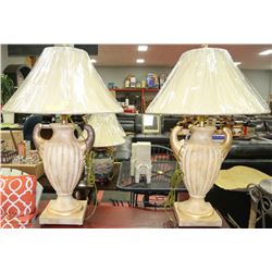 PAIR OF GOLD AND BEIGE TABLE LAMPS WITH SHADES